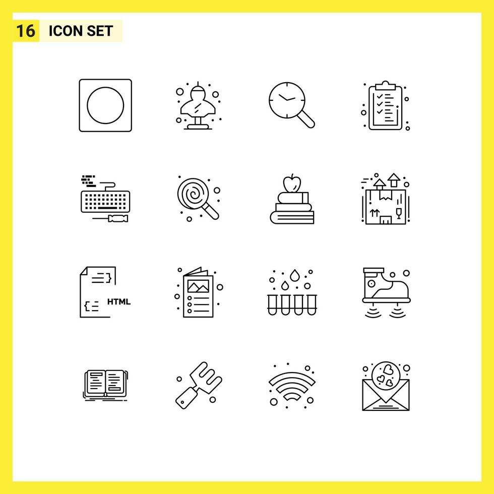 grupo de 16 esquemas modernos establecidos para elementos de diseño de vectores editables de reloj de lista de control griego de portapapeles clave