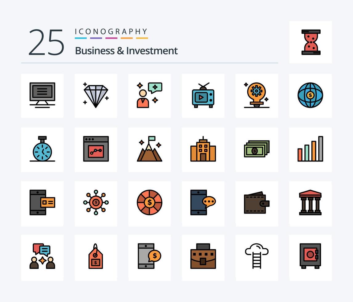 Business And Investment 25 Line Filled icon pack including world. setting. interface. light. video vector