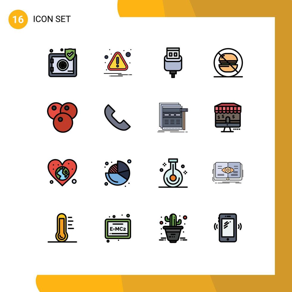 16 Universal Flat Color Filled Line Signs Symbols of food no cable label fast Editable Creative Vector Design Elements