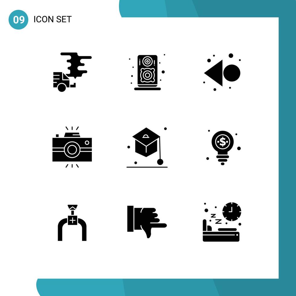 Pack of 9 Modern Solid Glyphs Signs and Symbols for Web Print Media such as graduation vintage camera arrow retro camera Editable Vector Design Elements