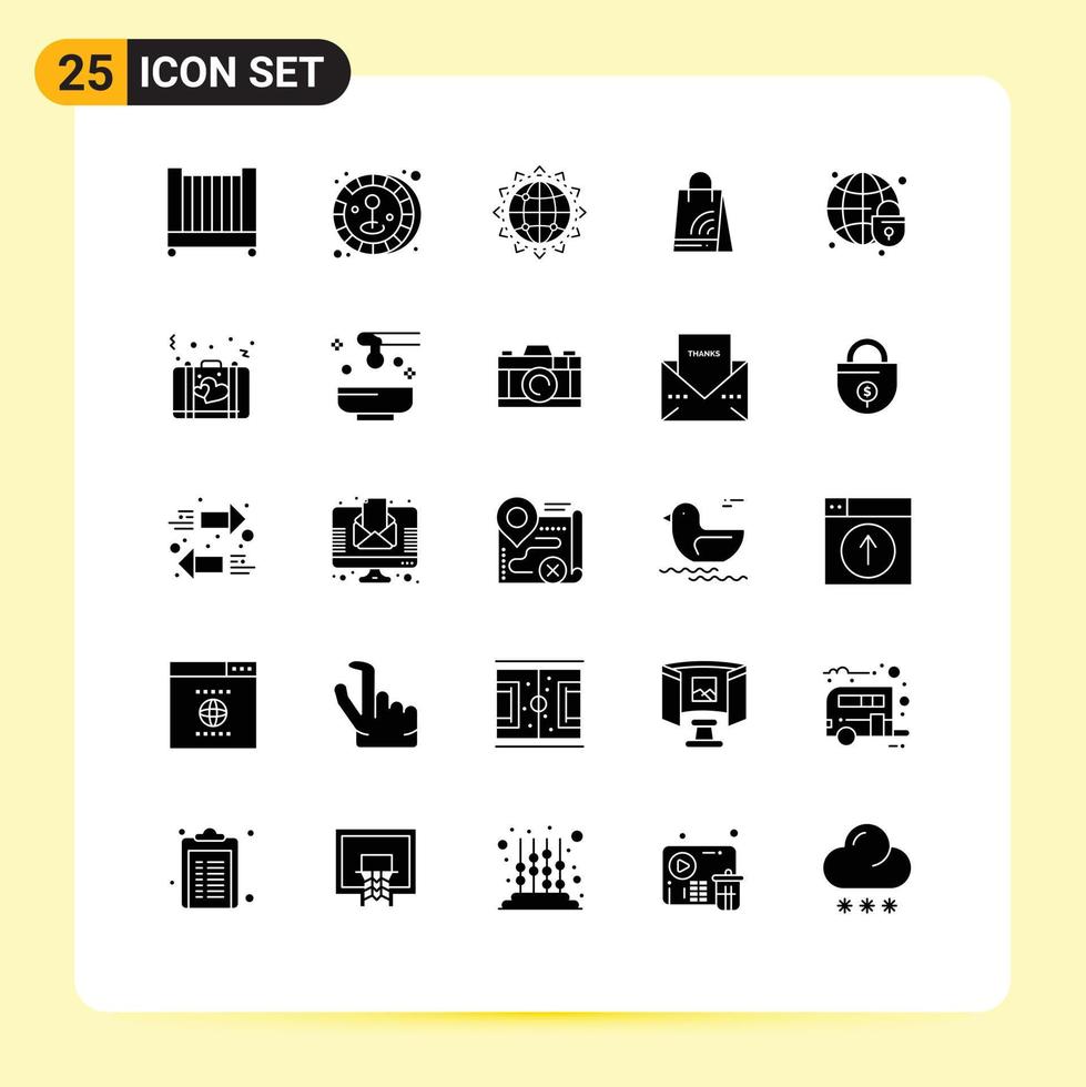 Pack of 25 creative Solid Glyphs of globe lock global security seo shopping handbag Editable Vector Design Elements