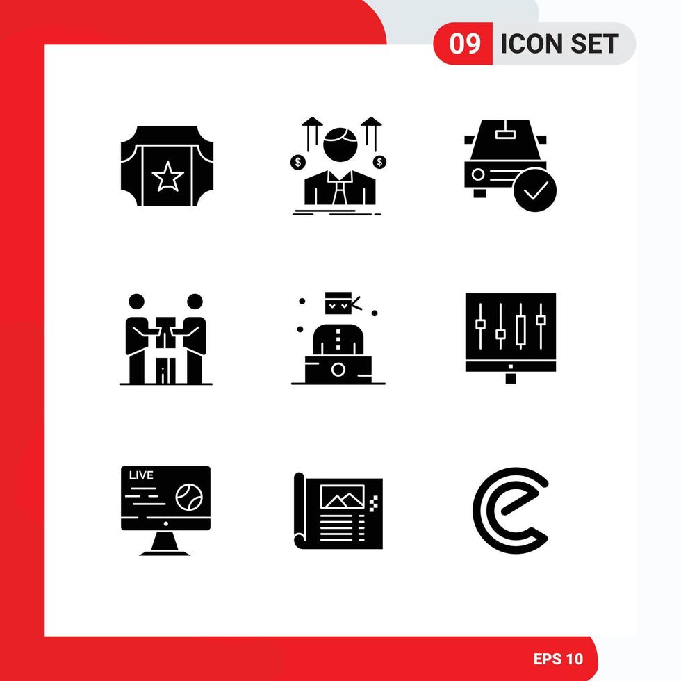 Mobile Interface Solid Glyph Set of 9 Pictograms of team partners car cooperation ok Editable Vector Design Elements