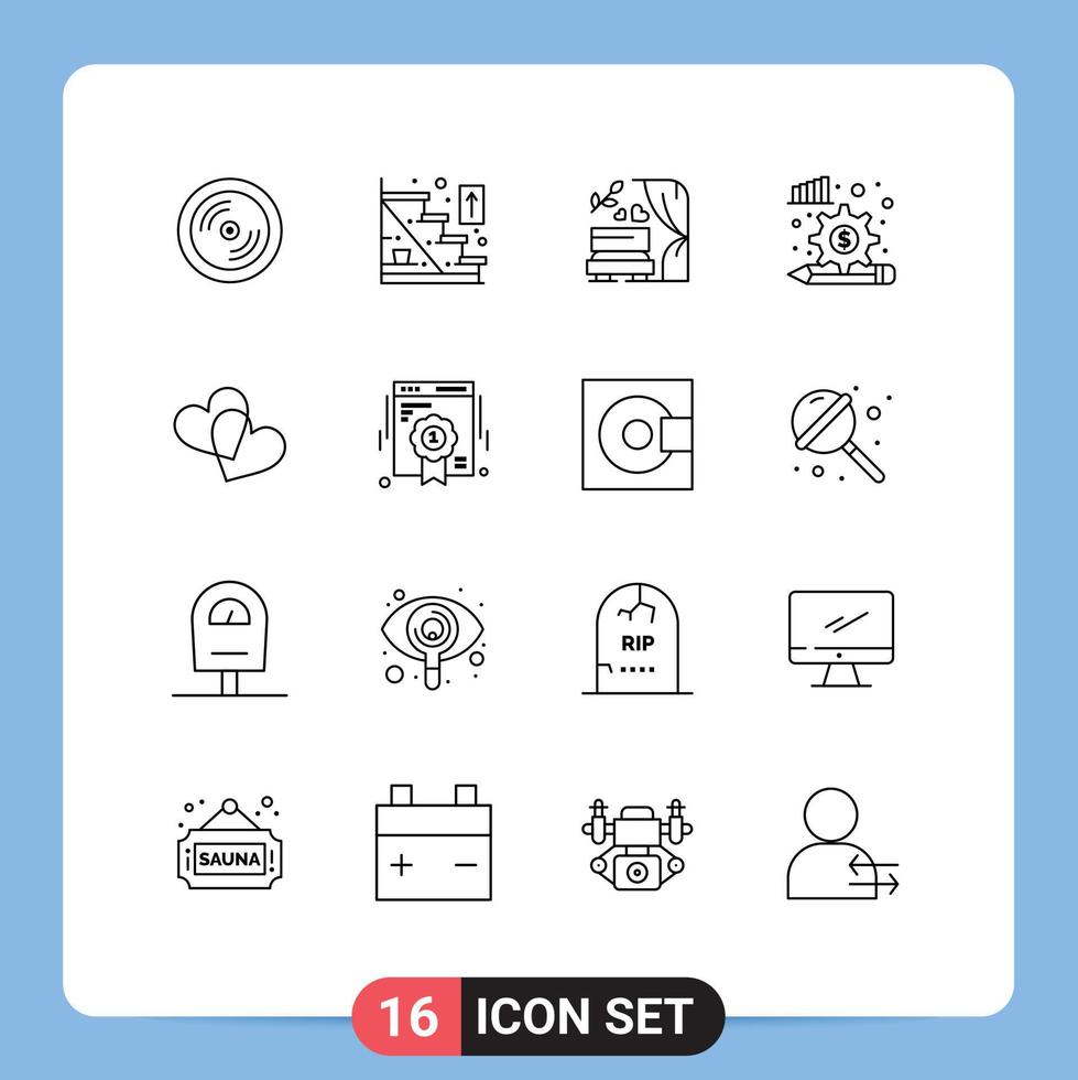 Modern Set of 16 Outlines and symbols such as heart gear arch finance analysis process Editable Vector Design Elements