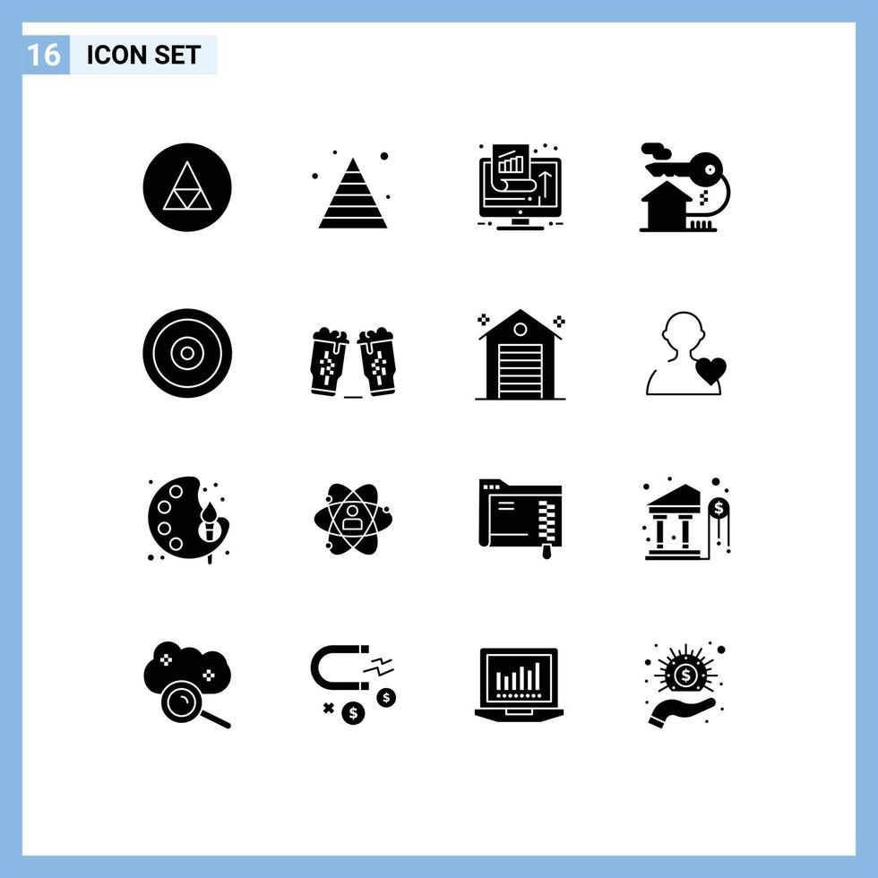 Mobile Interface Solid Glyph Set of 16 Pictograms of key house pyramid home performance Editable Vector Design Elements
