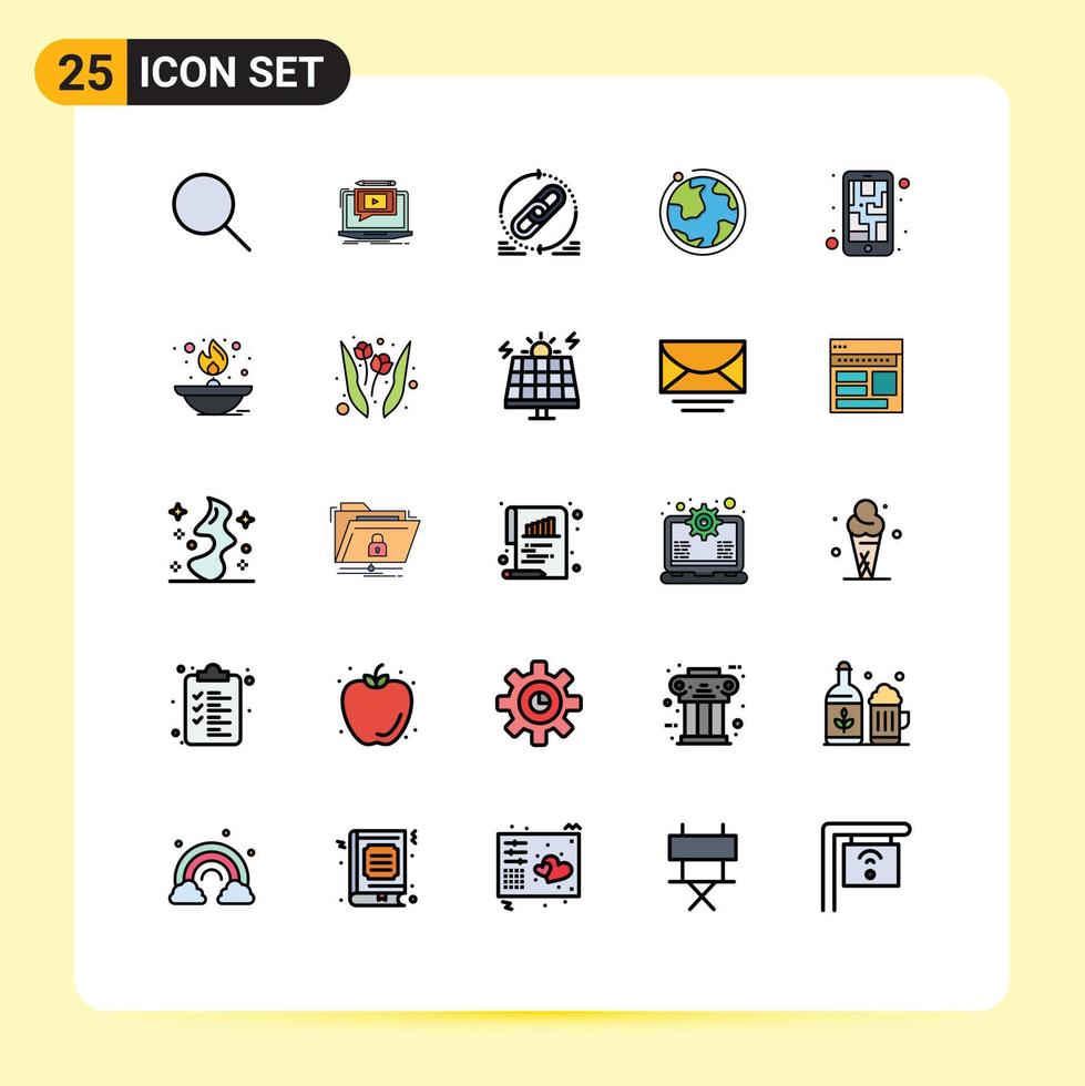 Pack of 25 creative Filled line Flat Colors of hotel world video globe website Editable Vector Design Elements