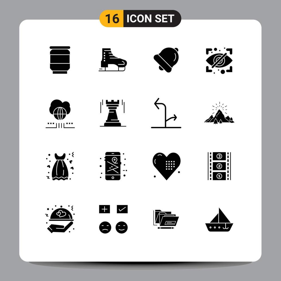 Modern Set of 16 Solid Glyphs and symbols such as network world alarm security eye Editable Vector Design Elements