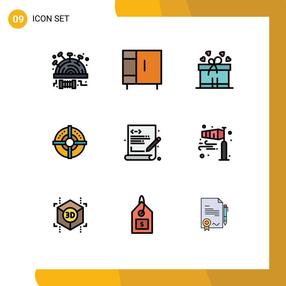 Mobile Interface Filledline Flat Color Set of 9 Pictograms of programming coding gift point arrow Editable Vector Design Elements