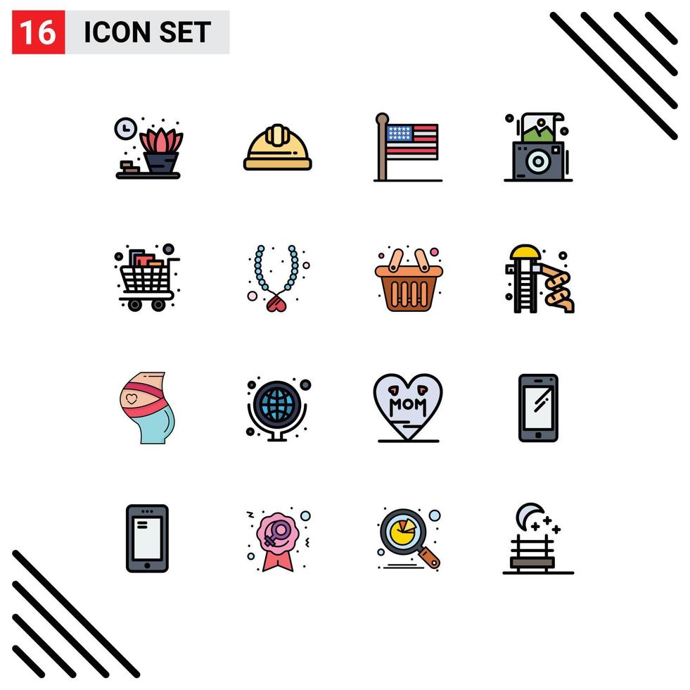 Modern Set of 16 Flat Color Filled Lines and symbols such as groceries cart states polaroid photo Editable Creative Vector Design Elements