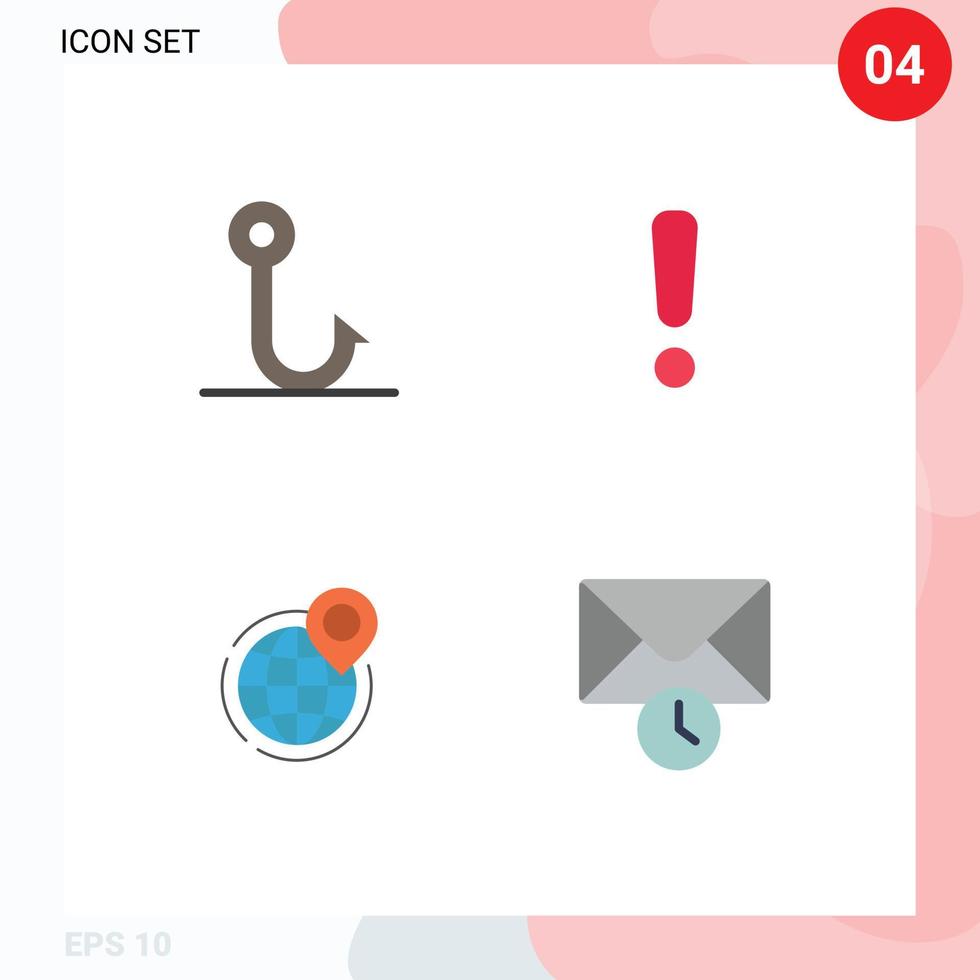 Group of 4 Modern Flat Icons Set for fish global alert sign point Editable Vector Design Elements