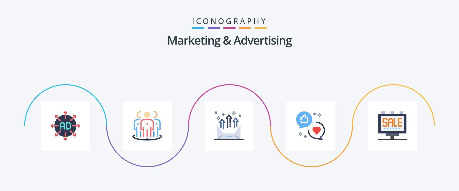Marketing And Advertising Flat 5 Icon Pack Including like. advertising. group. letter. communication vector