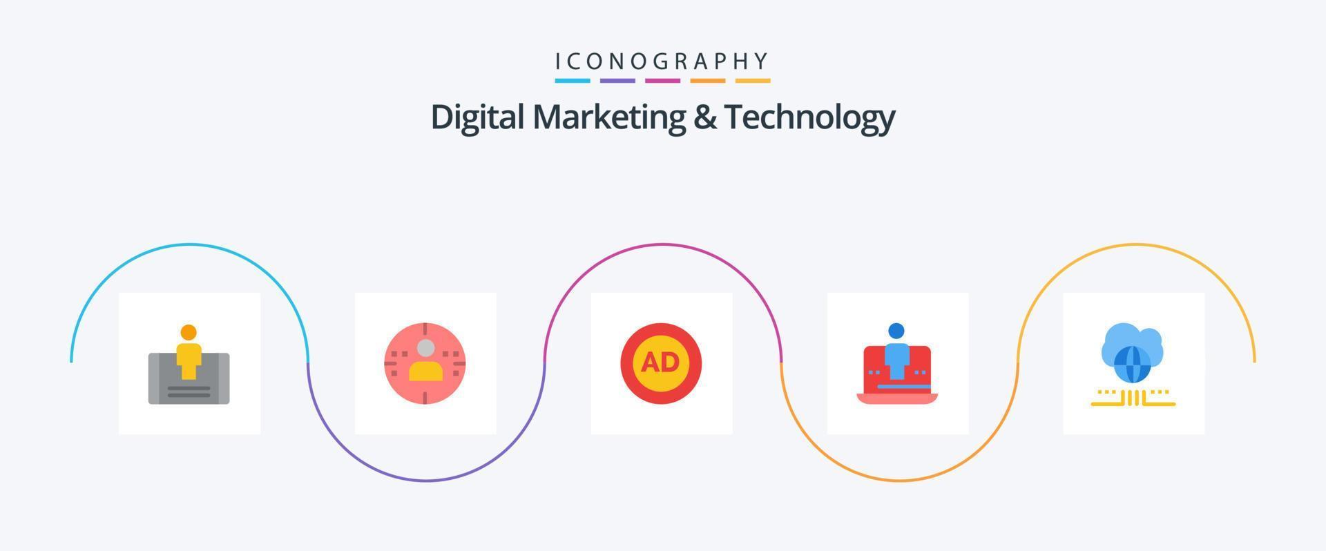 Digital Marketing And Technology Flat 5 Icon Pack Including world. technology. ad block. laptop. computer vector