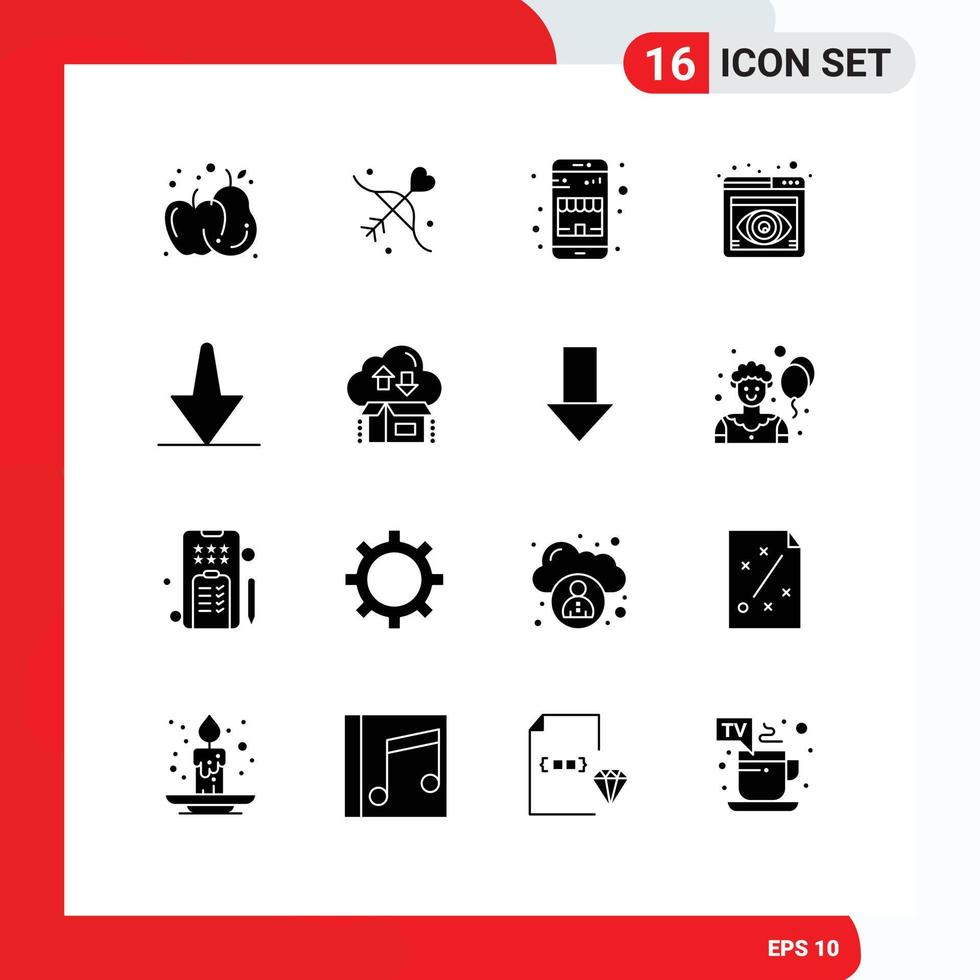 16 Universal Solid Glyph Signs Symbols of down arrow commerce browser focus Editable Vector Design Elements