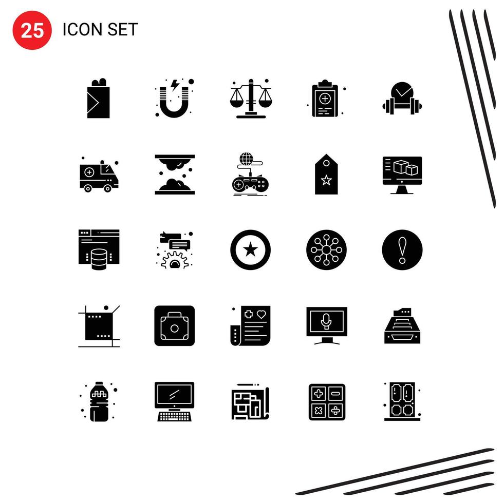 Set of 25 Commercial Solid Glyphs pack for dumb dumbbell balance test medical Editable Vector Design Elements