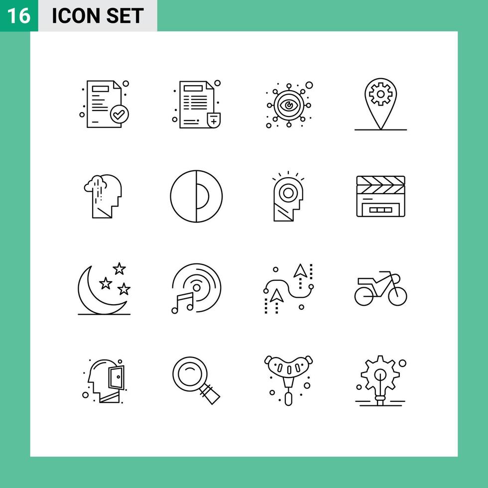 Pack of 16 Modern Outlines Signs and Symbols for Web Print Media such as melancholy grief eye depression setting Editable Vector Design Elements