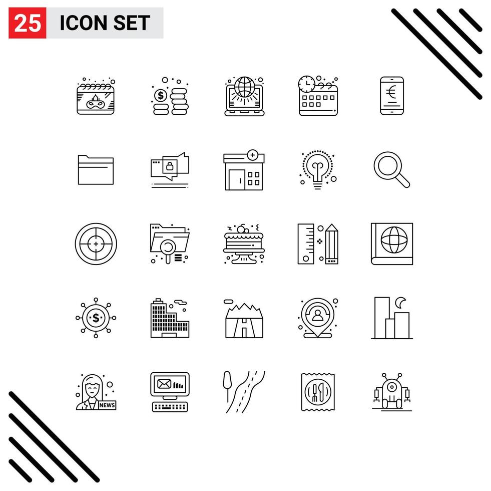 Mobile Interface Line Set of 25 Pictograms of euro mobile net time corporate Editable Vector Design Elements