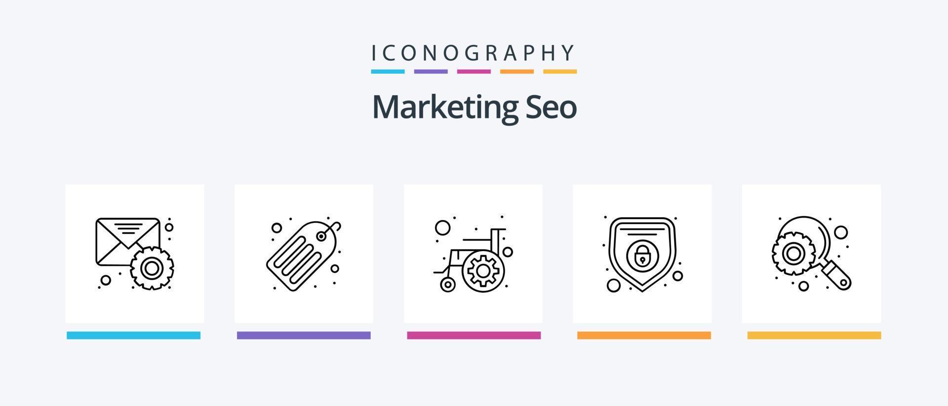 Marketing Seo Line 5 Icon Pack Including cogwheel. network. mail list. good. optimal keywords. Creative Icons Design vector