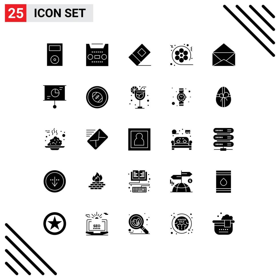 25 iconos creativos, signos y símbolos modernos de mensajes, cintas de video, películas de cine, elementos de diseño vectorial editables vector