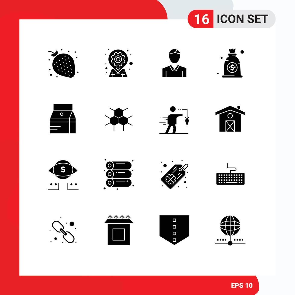 Group of 16 Modern Solid Glyphs Set for drink money pin dollar person Editable Vector Design Elements