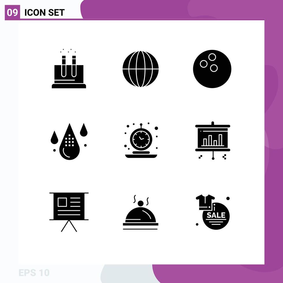 Set of 9 Commercial Solid Glyphs pack for clock drop ball development color Editable Vector Design Elements