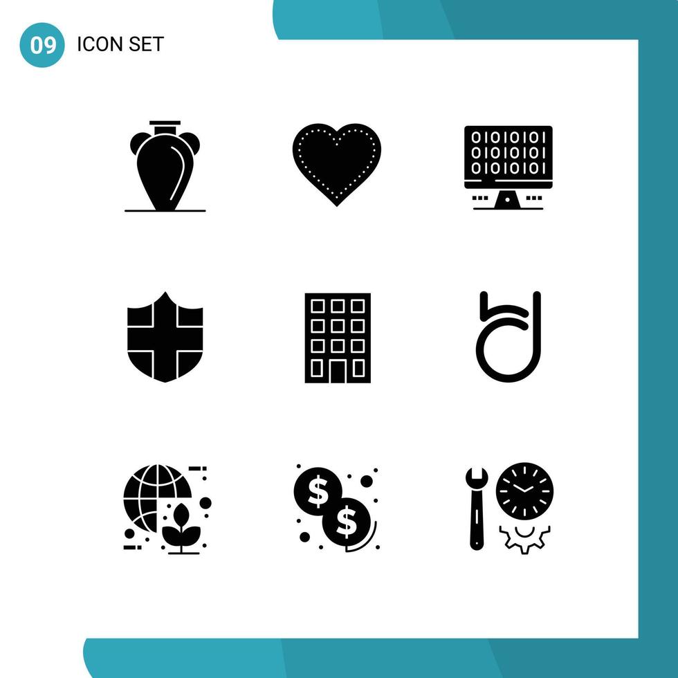 Mobile Interface Solid Glyph Set of 9 Pictograms of building security favorite protection computing Editable Vector Design Elements
