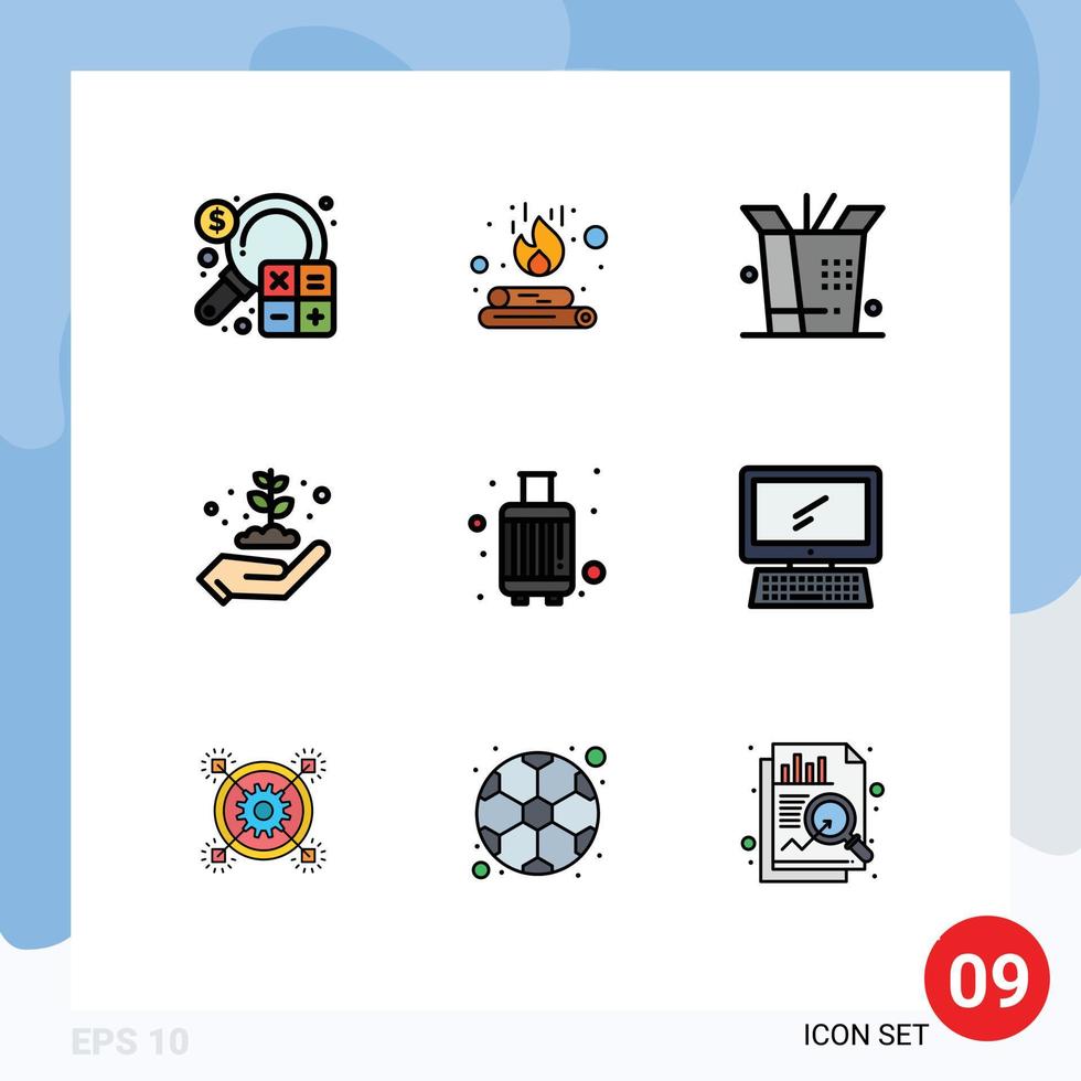 Mobile Interface Filledline Flat Color Set of 9 Pictograms of luggage baggage flame gardening ecology Editable Vector Design Elements