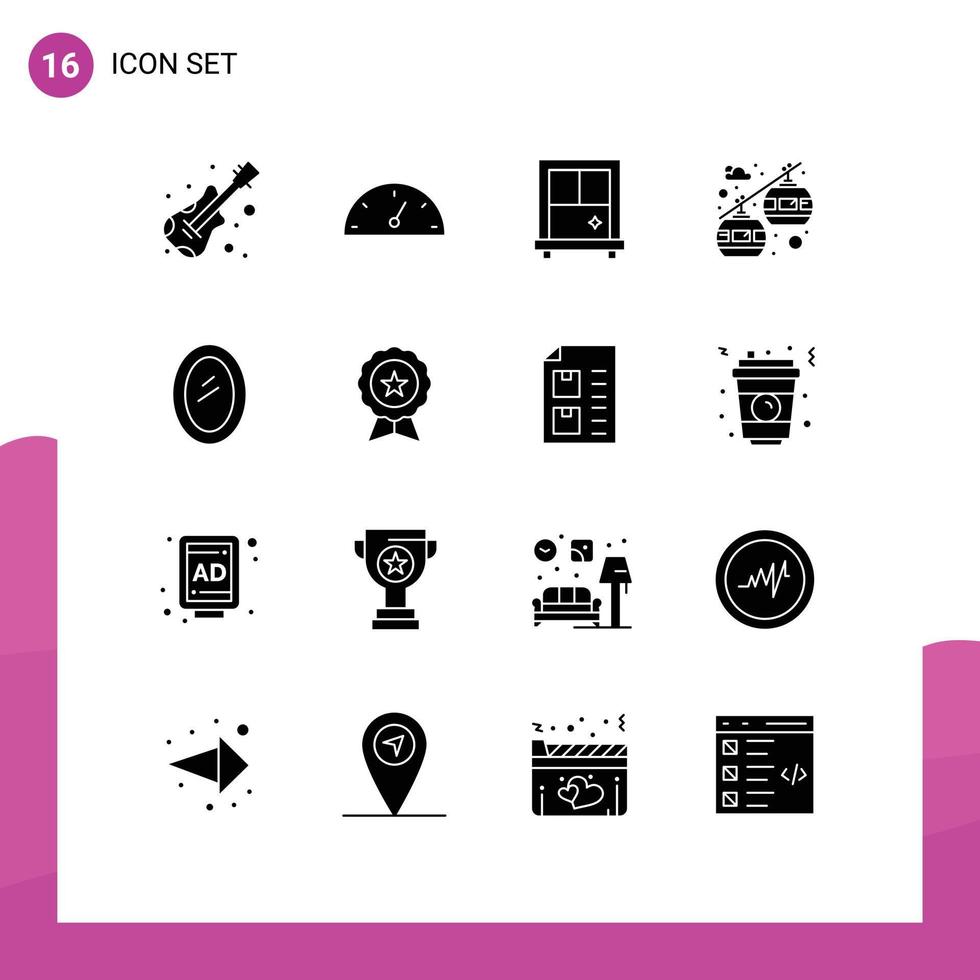 Pictogram Set of 16 Simple Solid Glyphs of finance badge transportation mirror home Editable Vector Design Elements