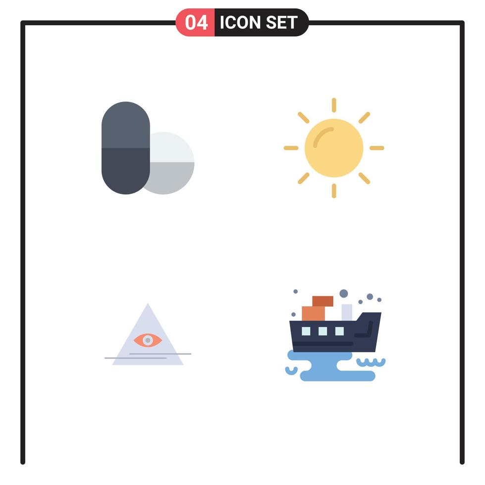 Universal Icon Symbols Group of 4 Modern Flat Icons of pills leaked sun illuminati pollution Editable Vector Design Elements