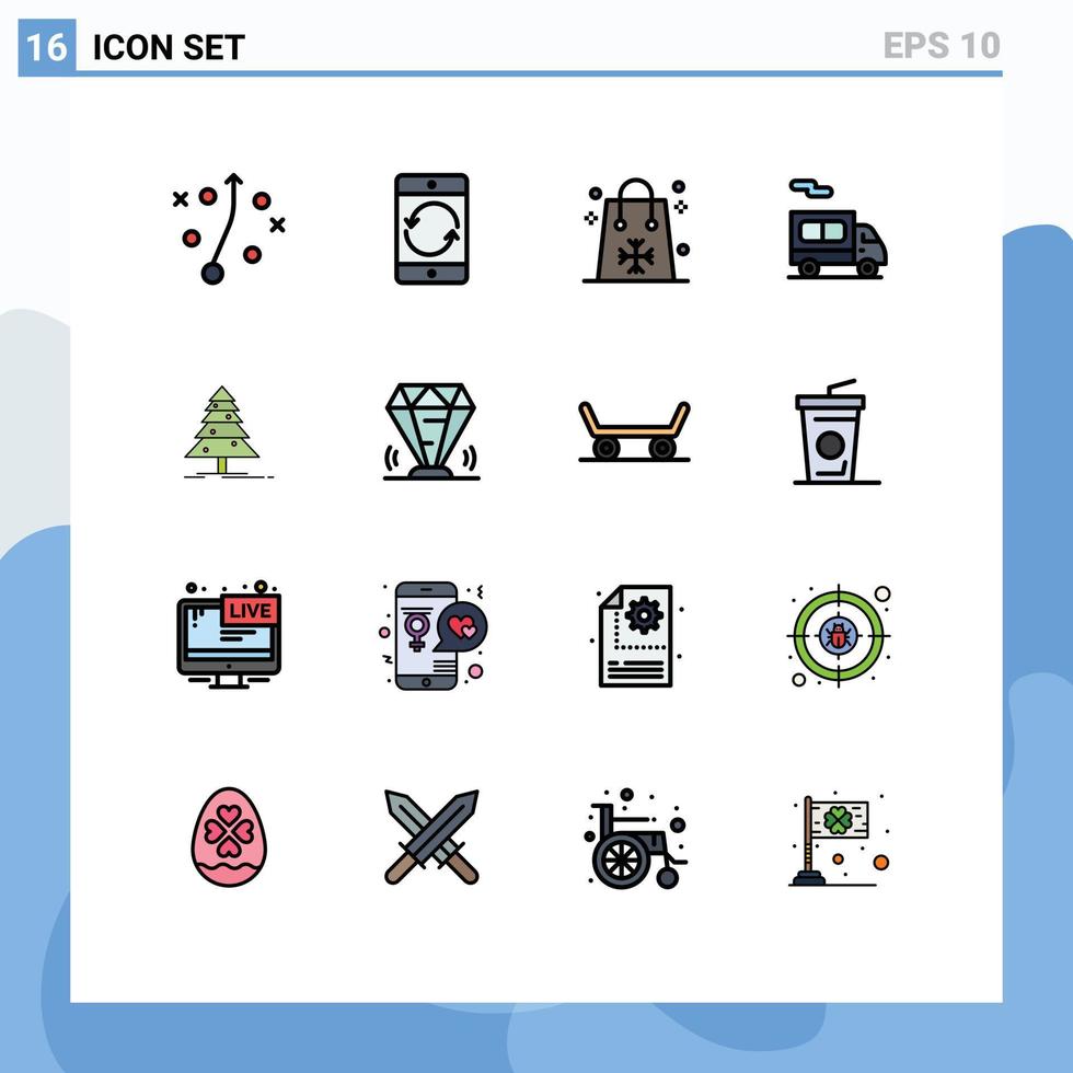 Flat Color Filled Line Pack of 16 Universal Symbols of forest truck christmas transport shopping Editable Creative Vector Design Elements