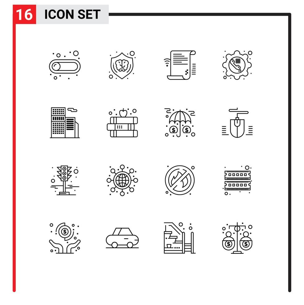 16 Universal Outlines Set for Web and Mobile Applications gear call brain phone wifi Editable Vector Design Elements