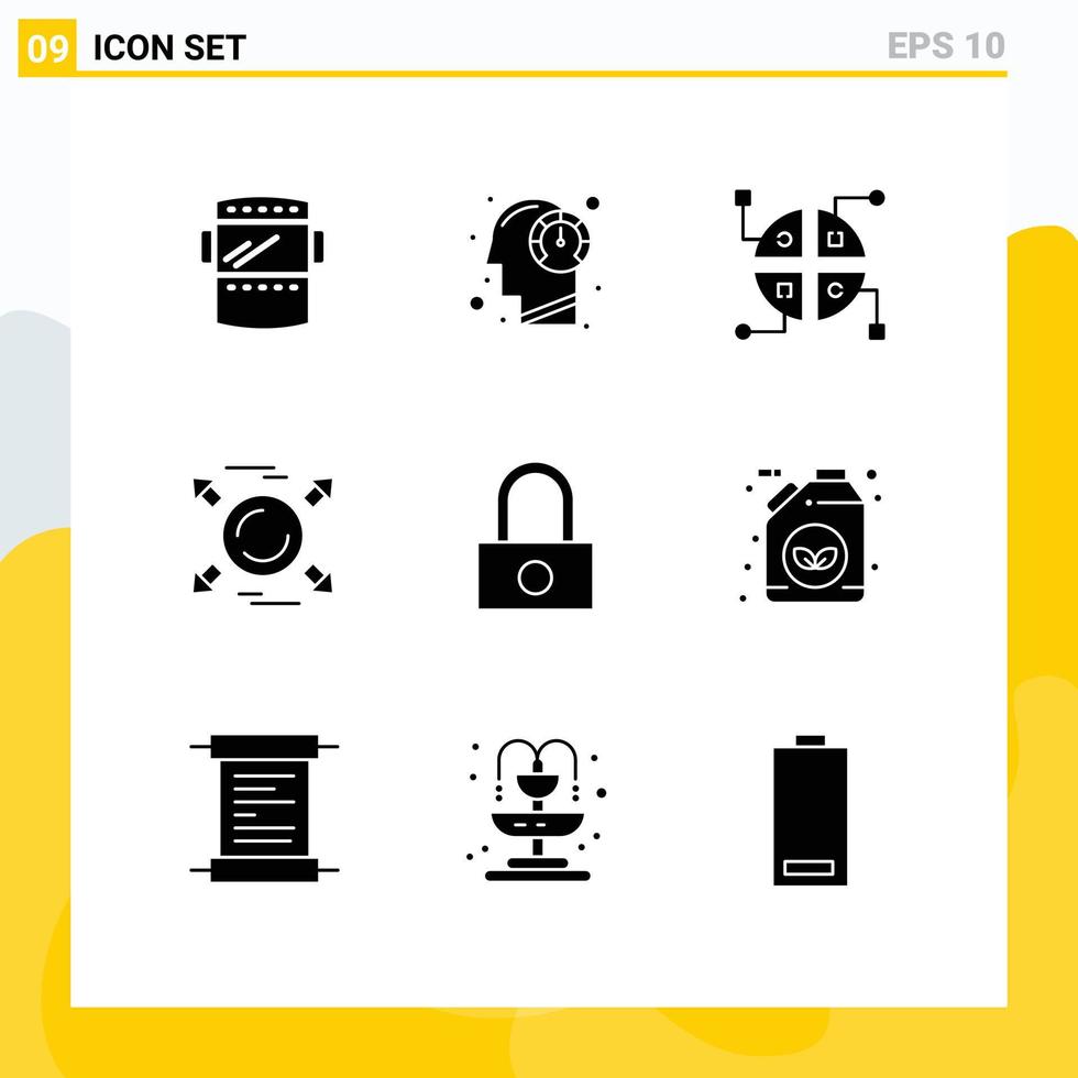 Modern Set of 9 Solid Glyphs Pictograph of password all process direction circle Editable Vector Design Elements