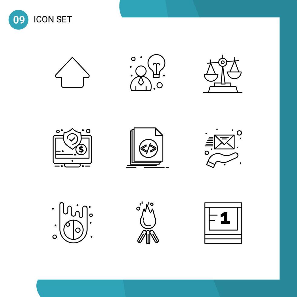 User Interface Pack of 9 Basic Outlines of file code law security online Editable Vector Design Elements