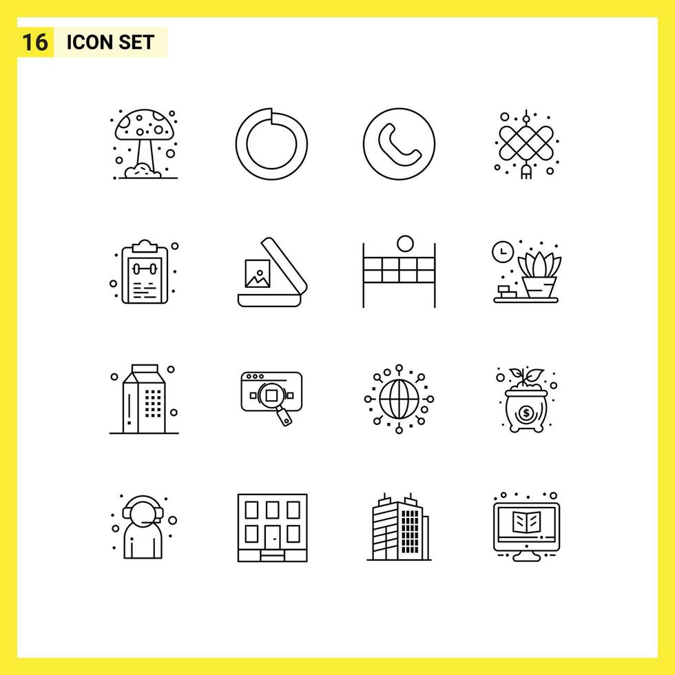 paquete de 16 signos y símbolos de contornos modernos para medios de impresión web, como marca de teléfono de bloc de notas de imagen, verificación de elementos de diseño de vectores editables