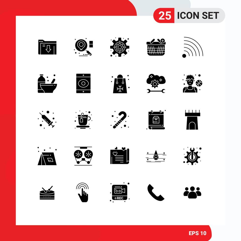Set of 25 Commercial Solid Glyphs pack for bodybuilding news gear feed shopping Editable Vector Design Elements