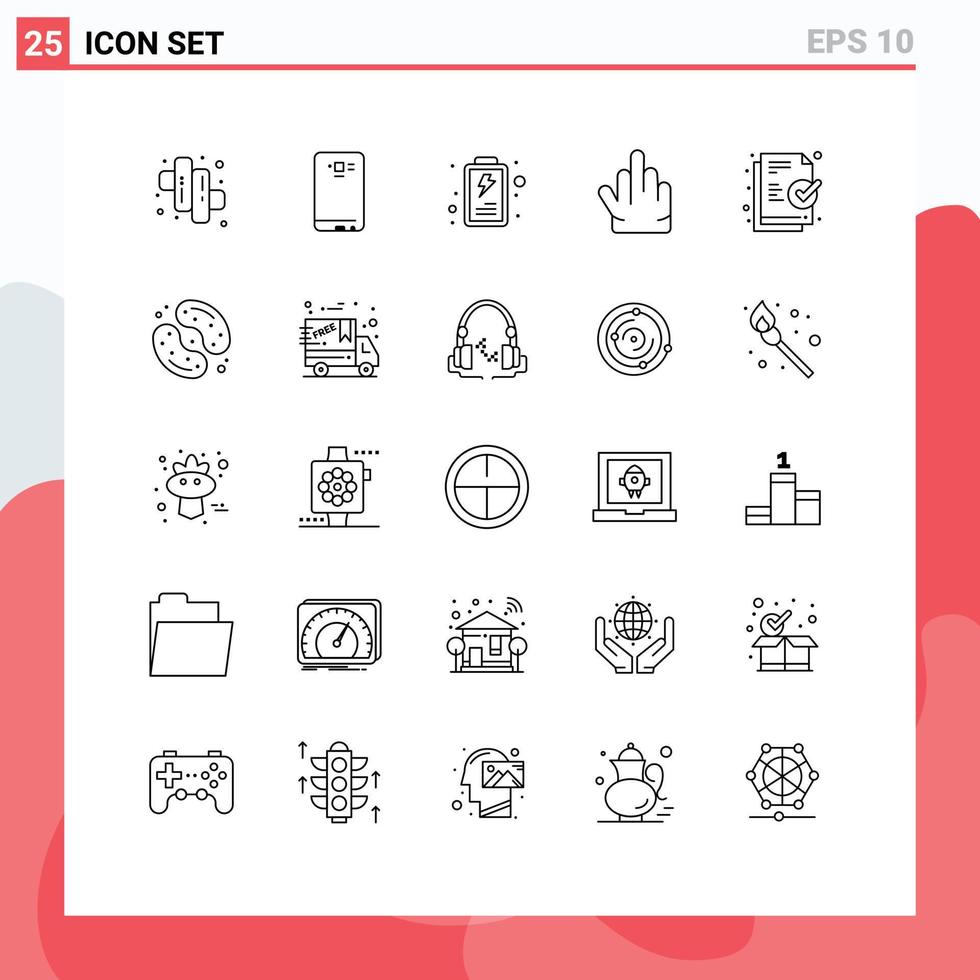 Modern Set of 25 Lines Pictograph of candy file battery document hand Editable Vector Design Elements