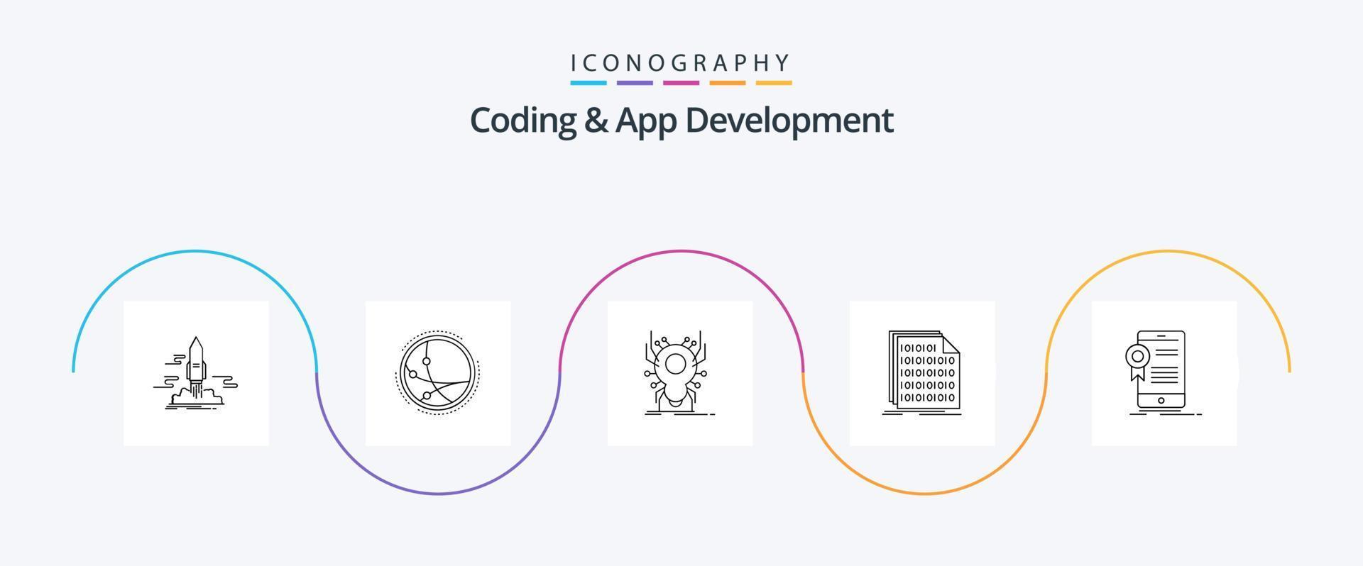 paquete de iconos de línea 5 de codificación y desarrollo de aplicaciones que incluye código. aplicación conexión. virus. insecto vector