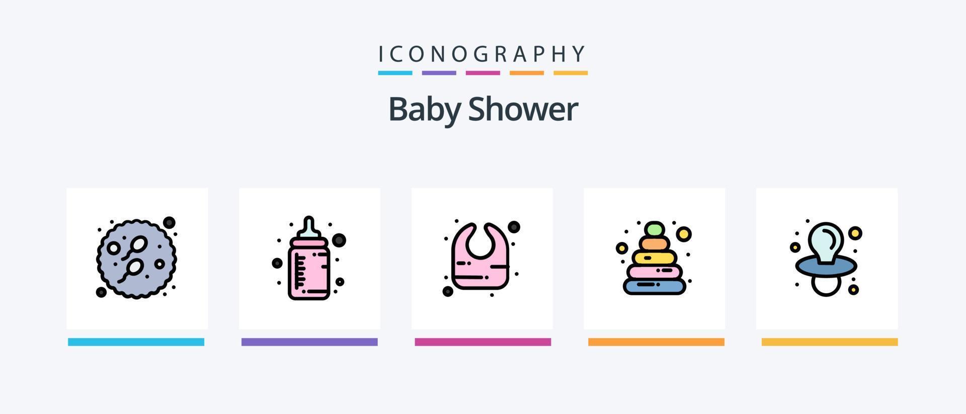 la línea de baby shower llenó el paquete de 5 íconos que incluye. cuna. baños. malo. juguete. diseño de iconos creativos vector