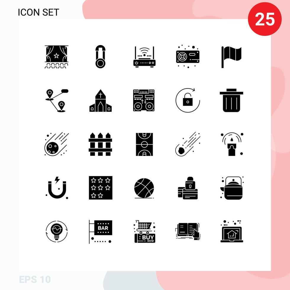 Mobile Interface Solid Glyph Set of 25 Pictograms of radiator fan safety computer internet Editable Vector Design Elements