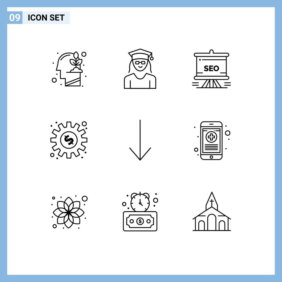 9 Thematic Vector Outlines and Editable Symbols of arrow online presentation gear board Editable Vector Design Elements