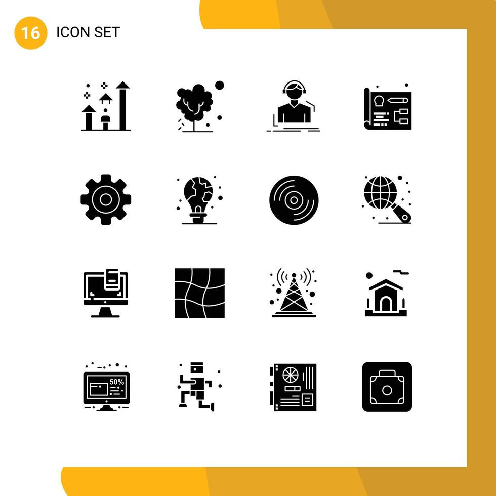 Solid Glyph Pack of 16 Universal Symbols of web designing tree music listen Editable Vector Design Elements