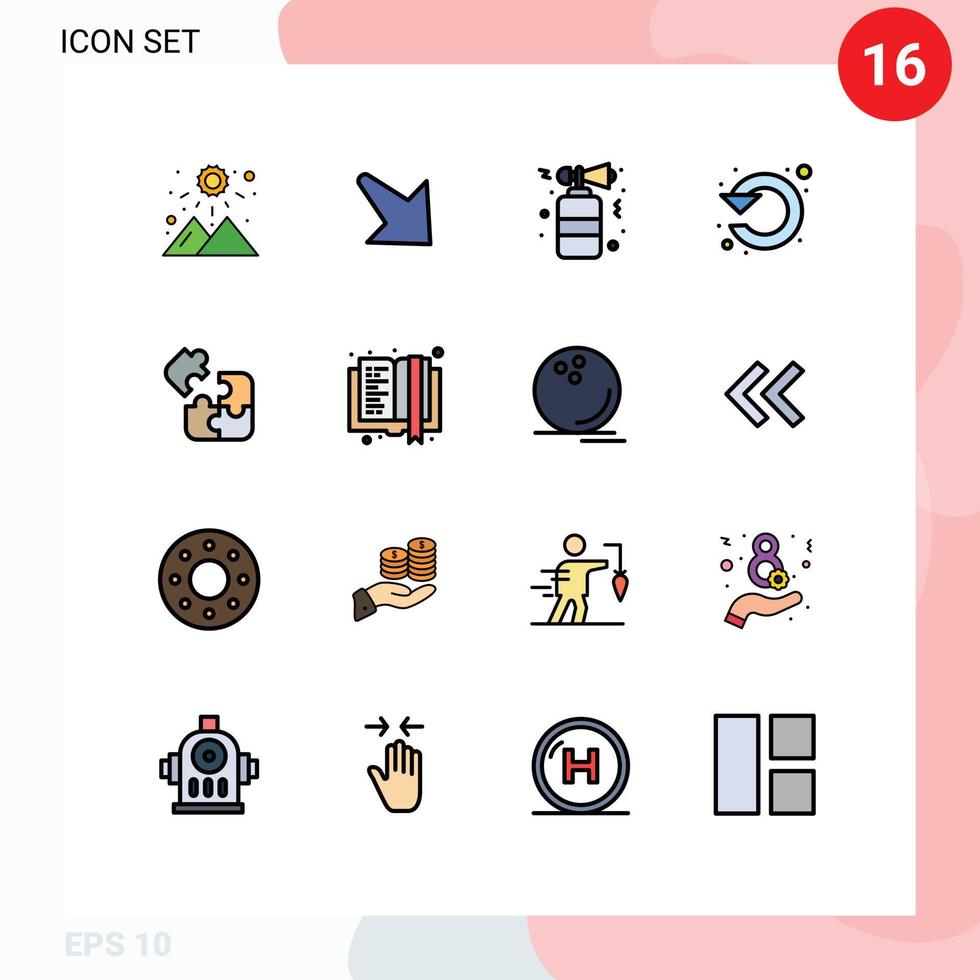 Modern Set of 16 Flat Color Filled Lines Pictograph of puzzle up celebration rotate refresh Editable Creative Vector Design Elements