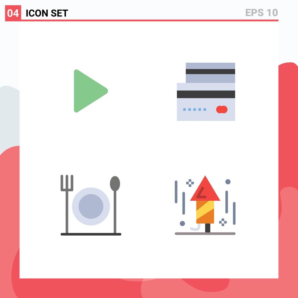 Set of 4 Modern UI Icons Symbols Signs for control eat video ecommerce restaurant Editable Vector Design Elements