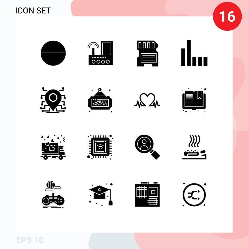 Mobile Interface Solid Glyph Set of 16 Pictograms of security processor hardware location phone Editable Vector Design Elements