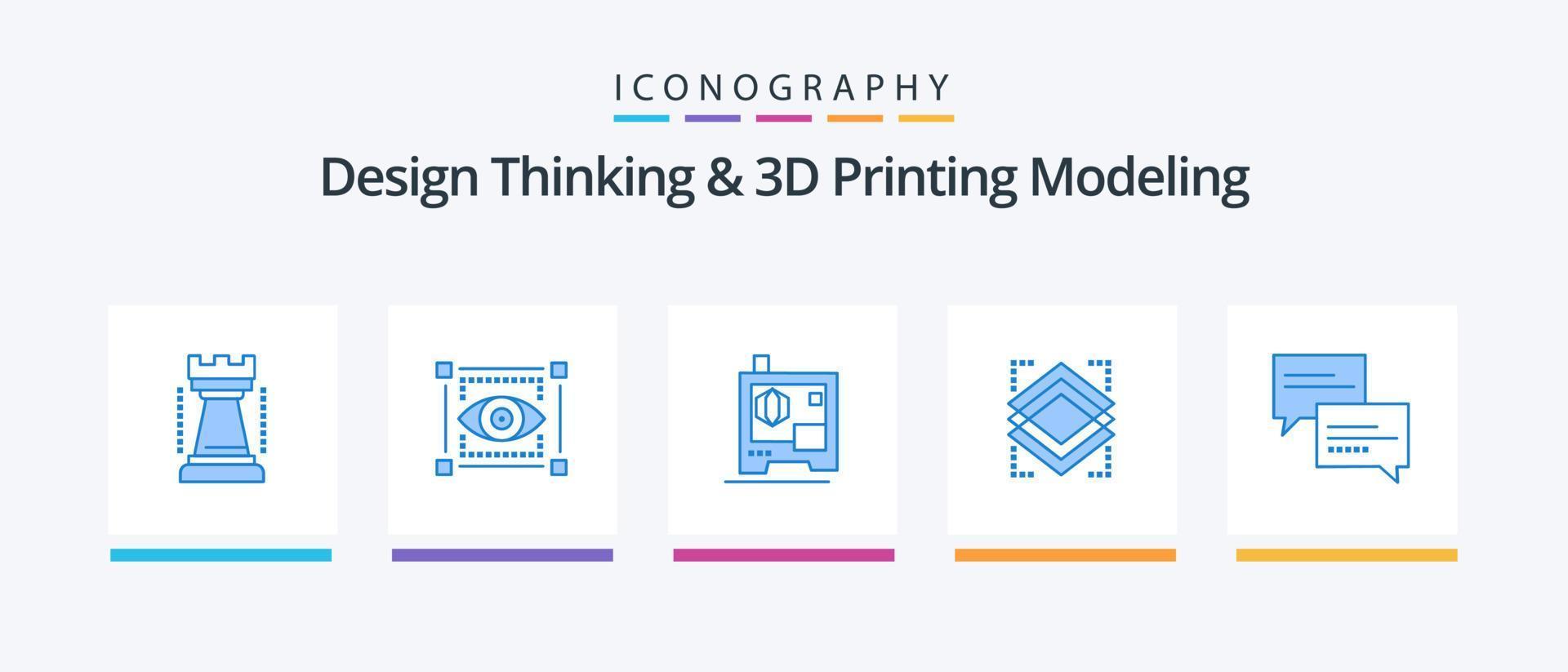 Design Thinking And D Printing Modeling Blue 5 Icon Pack Including message . chat. printer. server. object. Creative Icons Design vector