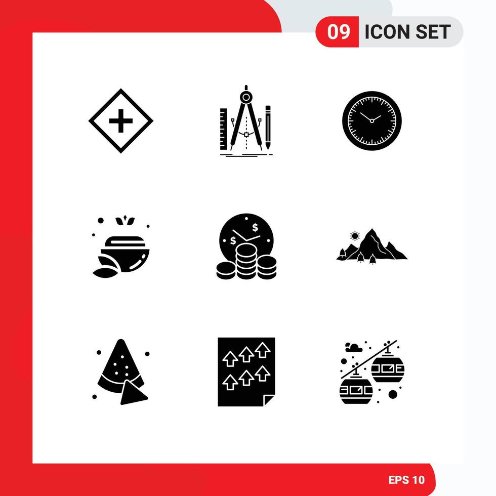 Modern Set of 9 Solid Glyphs Pictograph of green bowl math salt minutes Editable Vector Design Elements