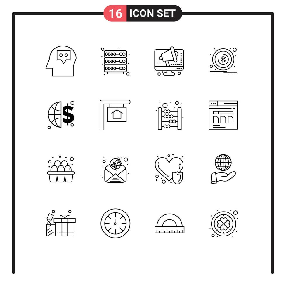 Group of 16 Outlines Signs and Symbols for house money speaker global invesment notification Editable Vector Design Elements