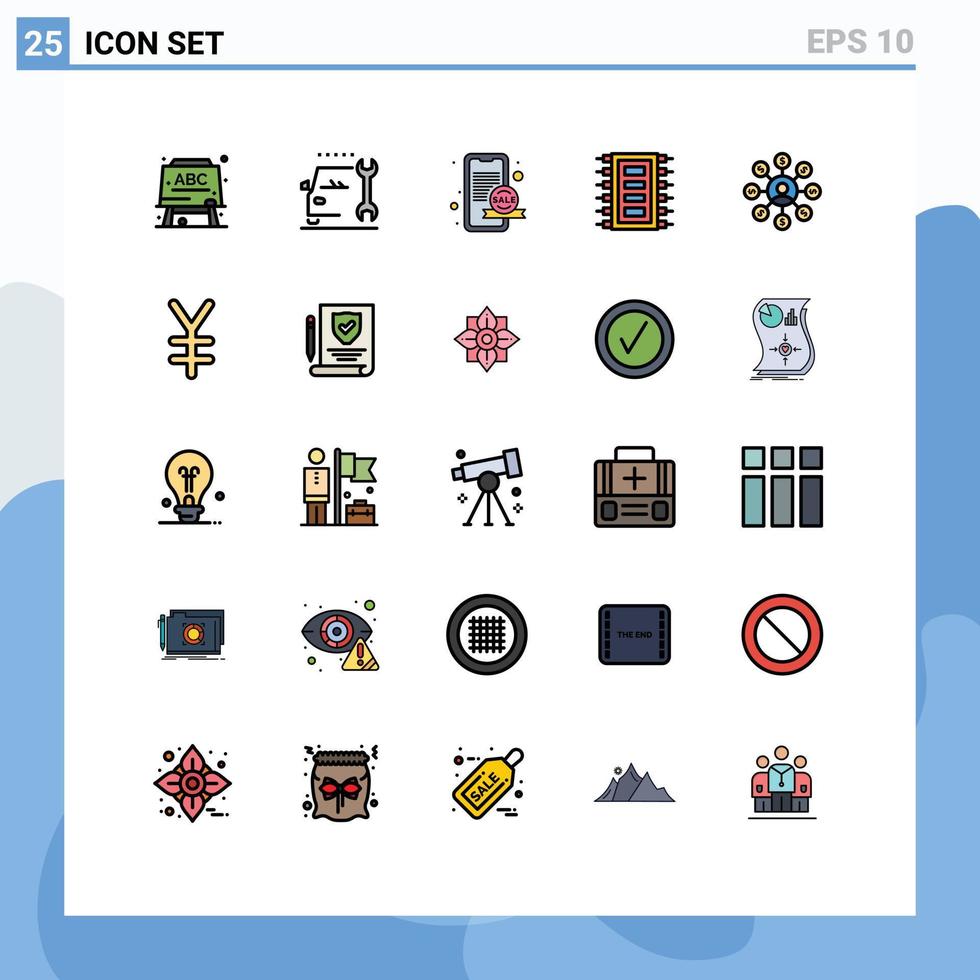 25 Universal Filled line Flat Color Signs Symbols of money connect online computer hardware Editable Vector Design Elements
