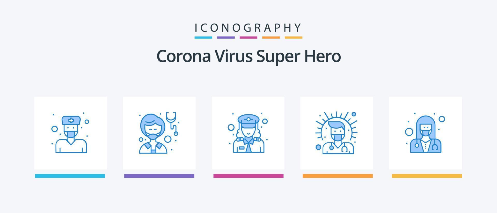corona virus super héroe azul 5 paquete de iconos que incluye médico. masculino. mujer. salud. salud. diseño de iconos creativos vector