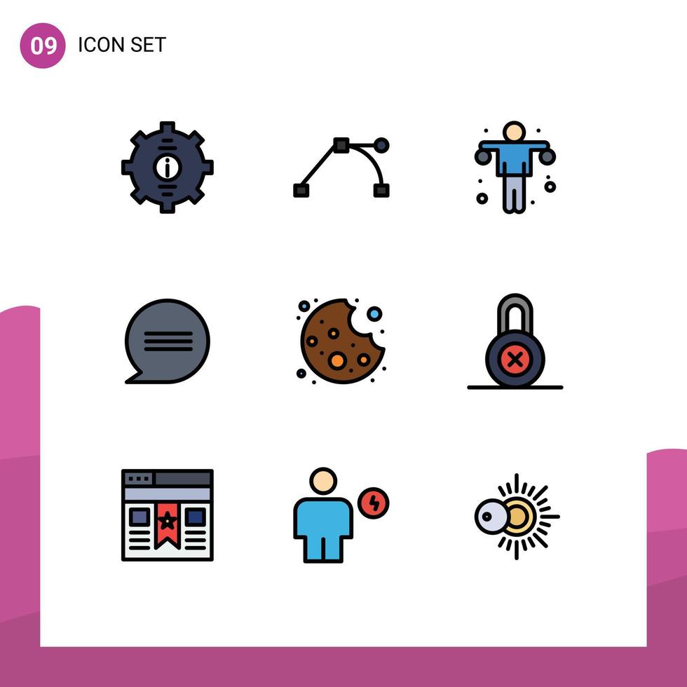 Pictogram Set of 9 Simple Filledline Flat Colors of food bite dumbbell messages chat Editable Vector Design Elements