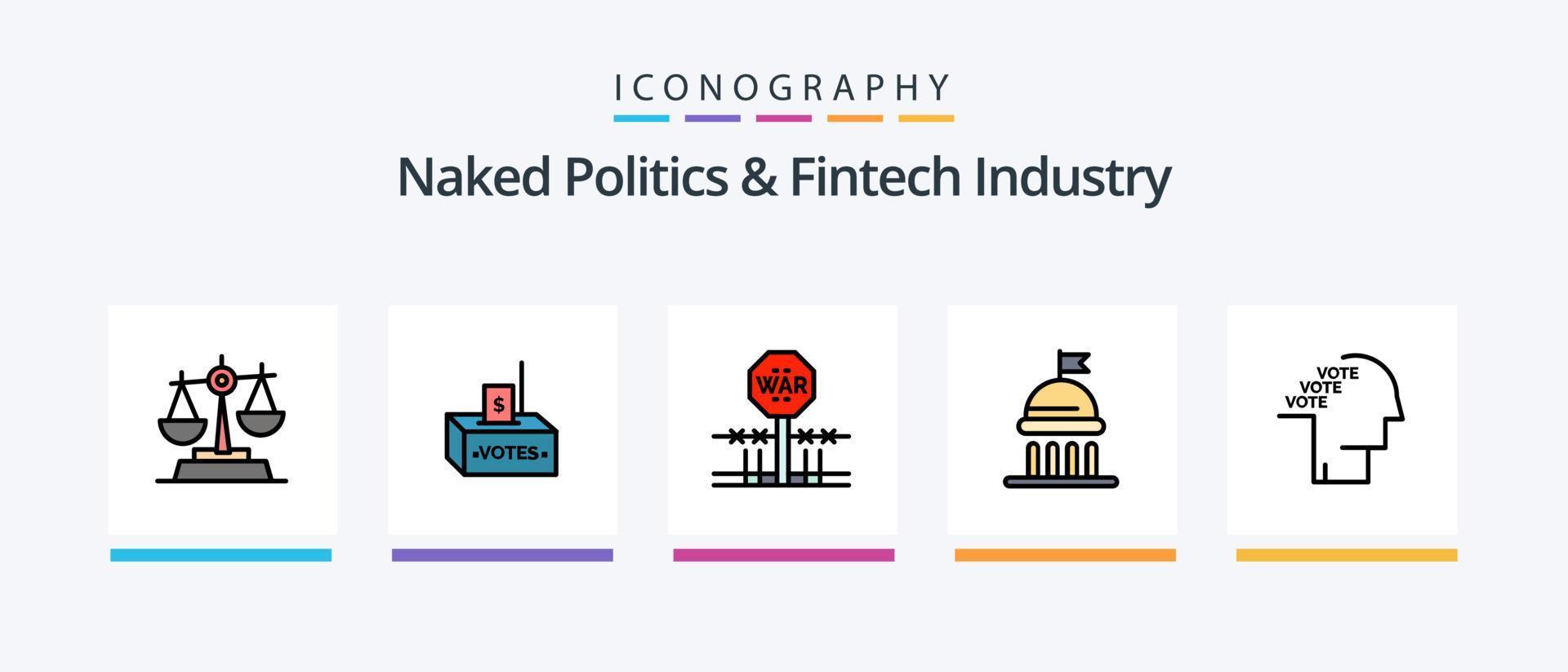 La política desnuda y la línea de la industria fintech llenaron un paquete de 5 iconos, incluido el voto. político. Reino Unido. Campaña. alfombra. diseño de iconos creativos vector