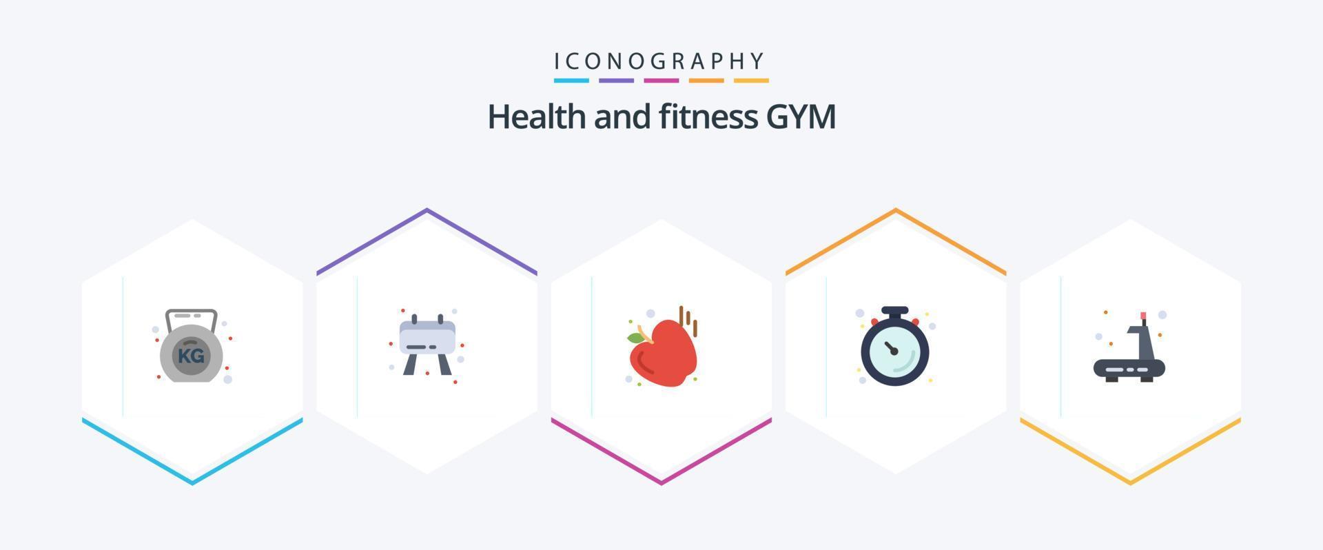 Gym 25 Flat icon pack including . sports. apple. gym. stopwatch vector
